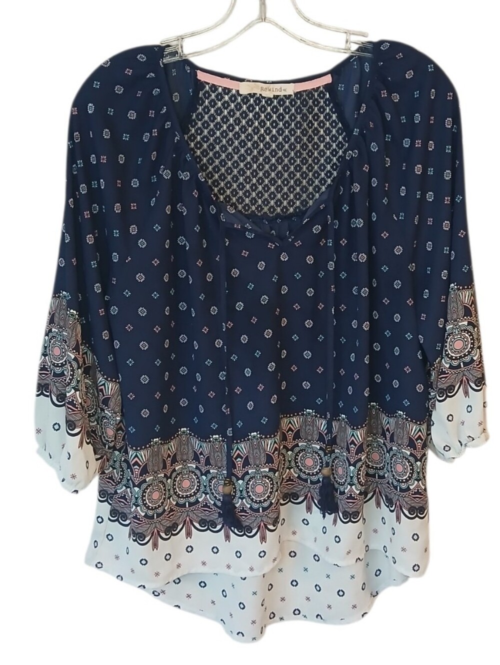 Rewind Navy and White Printed Peasant Blouse Size Large